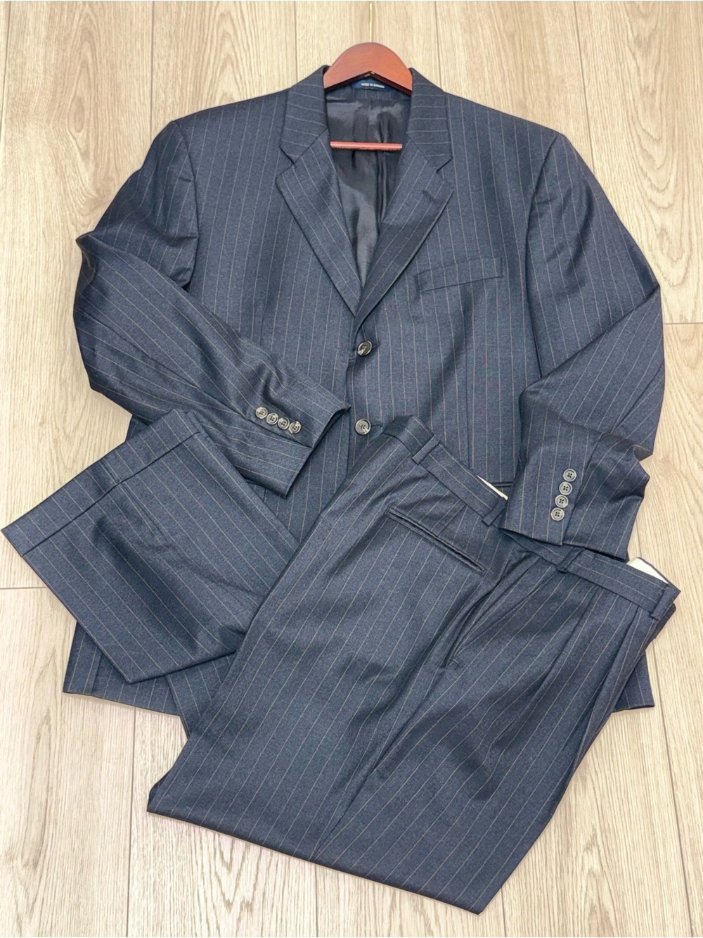 Chaps Ralph Lauren Mens 42R Charcoal Gray Pin Striped Suit 100% Wool 34x30 Pants